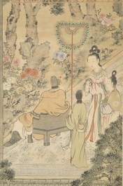 Gu Jianlong (China, 1606-1687): Figures in a garden, ink and color on paper, mounted